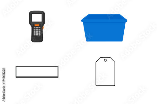 This graphic shows essential warehouse tools including a mobile scanner, a blue plastic container, a black box, and a white label, symbolizing retail and supply chain operations.