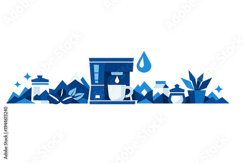 This monochromatic blue graphic depicts a coffee maker pouring into a white mug, surrounded by beans, a milk carton, and a potted plant against a mountain landscape background.