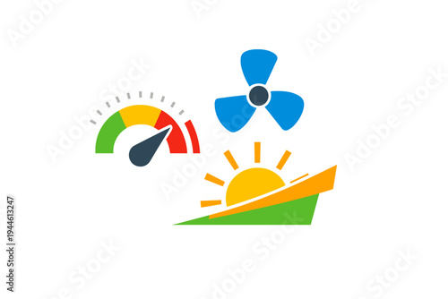 This graphic illustration displays a performance gauge with color zones, a blue fan icon, and a bright sun rising over a green landscape, symbolizing renewable energy concepts.
