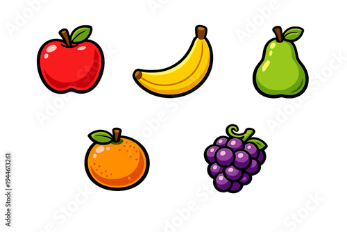 A collection of five colorful cartoon fruit icons including a red apple, yellow banana, green pear, orange, and purple grapes, all set against a solid black background for contrast.