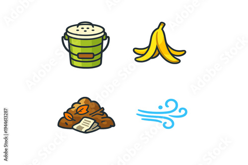 A set of four flat vector icons representing composting, including a green bin, a yellow banana peel, a pile of organic waste with leaves, and blue wind swirls on a black background.