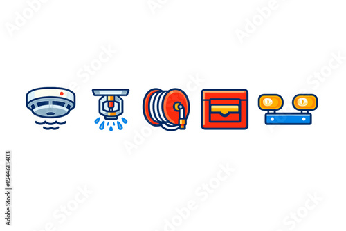 This collection features five distinct fire safety and emergency equipment icons such as a smoke alarm, water sprinkler, hose, alarm box, and emergency lighting on a black background.