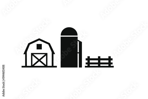 A minimalist black icon featuring a traditional barn with an X-shaped door, a tall cylindrical silo, and a wooden fence, representing a rural farm setting on a plain background.