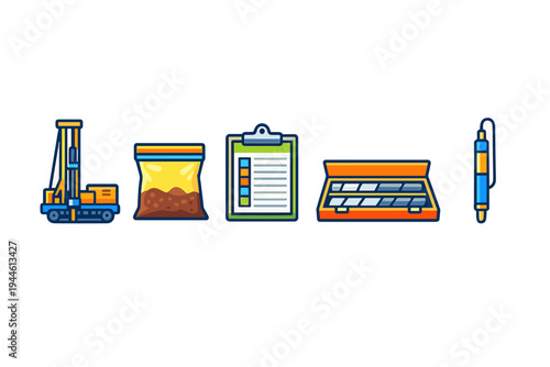 A set of five colorful flat icons representing geotechnical engineering and soil analysis, including a drilling rig, a sample bag, a checklist, a core box, and a pen on a black background.