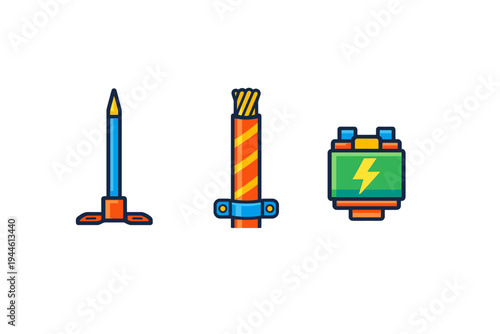 Three stylized vector icons depicting electrical safety equipment such as a lightning rod, a grounded cable with a clamp, and a power cell with a bolt symbol on a dark background.
