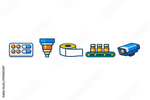 A set of five stylized icons representing pharmaceutical manufacturing processes, including a blister pack, industrial nozzle, label roll, conveyor belt with vials, and a sensor camera.