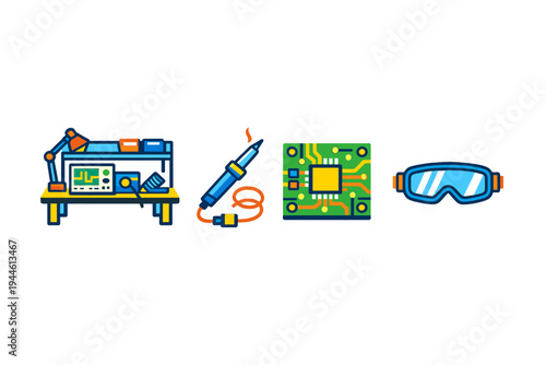 A set of four flat vector icons representing electronics engineering, including a laboratory workbench, a soldering iron, a printed circuit board, and safety goggles on a black background.