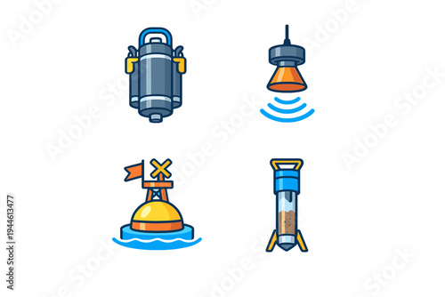 A set of four flat vector icons representing marine research equipment, including a sonar sensor, a buoy, a core sampler, and an underwater canister on a black background.