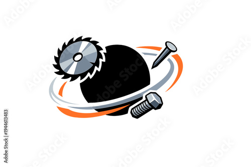 A vector illustration of a black sphere surrounded by orange and grey rings, featuring a circular saw blade, a nail, and a bolt orbiting like celestial bodies on a black background.