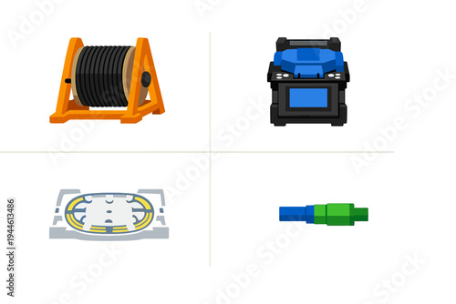 This graphic features four icons related to fiber optic networking: a cable drum, a fusion splicing machine, a splice tray, and an optical connector, all on a dark background.