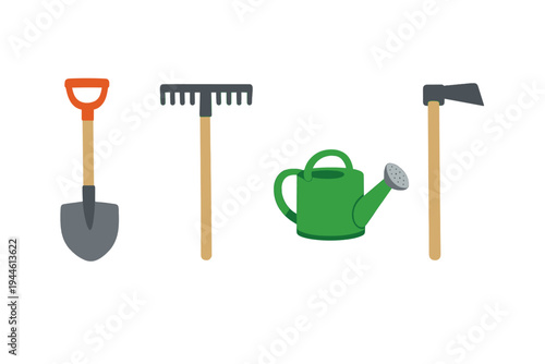 A collection of four essential gardening tools including a shovel, a rake, a green watering can, and a hoe, presented as flat illustrations on a solid black background.