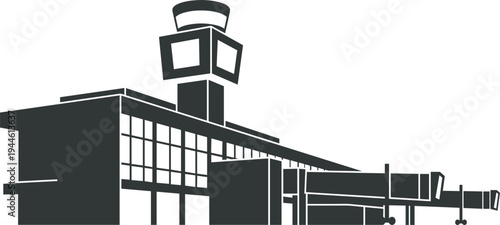 Aerial view of busy airport terminal silhouette with multiple airplanes at boarding gates and control tower building.
