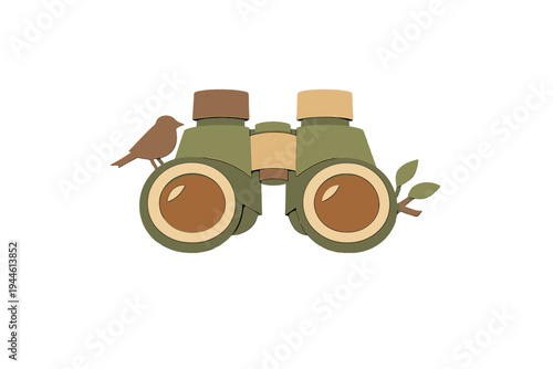 A paper-cut style illustration of green binoculars with a small brown bird perched on one side and a leafy branch on the other, set against a solid black background.