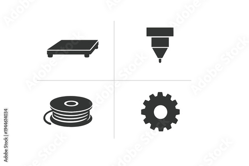 A minimalist graphic illustration featuring four icons related to 3D printing: a build plate, an extruder nozzle, a filament spool, and a gear, arranged in a grid.