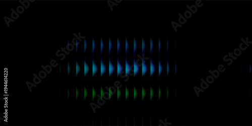 Reeded glass gradient surface, futuristic panel with vertical prism distortion. Dark abstract field infused with fractal texture in neon teal and green tones, vector illustratio