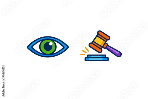 A colorful vector illustration featuring a stylized blue and green eye next to a judge's gavel hitting a sound block, set against a solid black background.