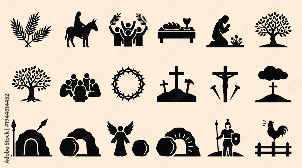 Obraz premium Easter and Christian faith related black silhouette icons on beige background religious symbols and imagery