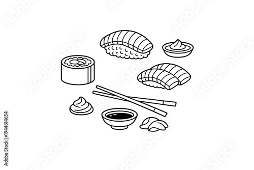 A black and white line art illustration of a sushi set featuring nigiri, a maki roll, chopsticks, soy sauce, wasabi, and ginger against a solid black background.