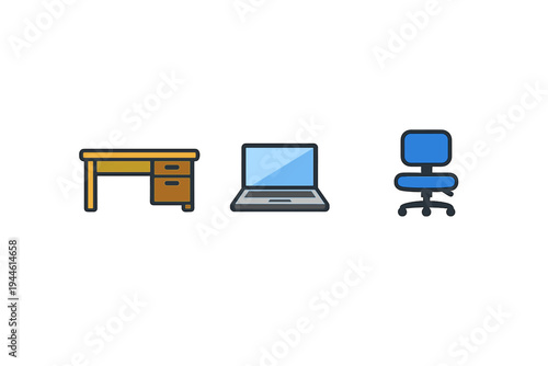 A collection of three flat icons representing office furniture and equipment, including a wooden desk with drawers, a laptop computer, and a blue swivel chair on a black background.