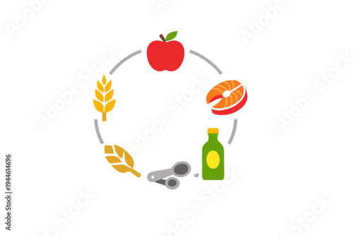 A minimalist graphic shows a circle of food icons such as a red apple, fish fillet, oil bottle, and grain stalks, representing a balanced diet or nutrition concept on black.