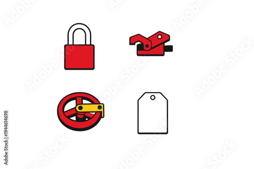 This illustration features four safety lockout and tagout icons including a red padlock, a circuit breaker lock, a valve lockout device, and a white tag on a solid black background.