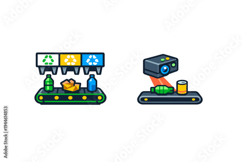 Two cartoon illustrations showing automated recycling processes. One features a conveyor belt with sorting bins, while the other shows a sensor scanning waste items on a belt.