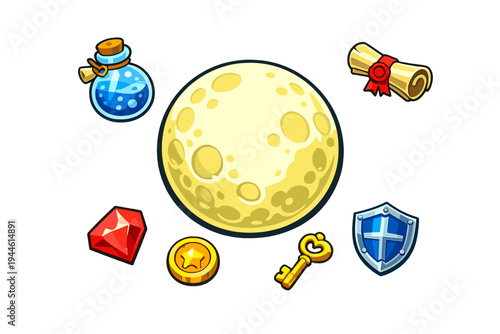 A collection of fantasy game icons featuring a large cratered moon, a blue potion bottle, a sealed scroll, a red gemstone, a gold coin, a golden key, and a blue shield on a black background.