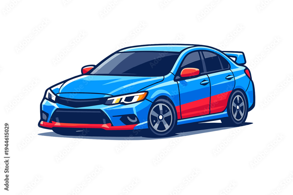 Naklejka premium A stylized vector illustration of a blue sports sedan with red accents and a rear spoiler, isolated on a black background. The car features a sleek design and five-spoke wheels.