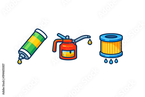 A set of three stylized automotive maintenance icons featuring a green grease tube, a red oil can, and a blue oil filter with liquid drops, all set against a solid black background.