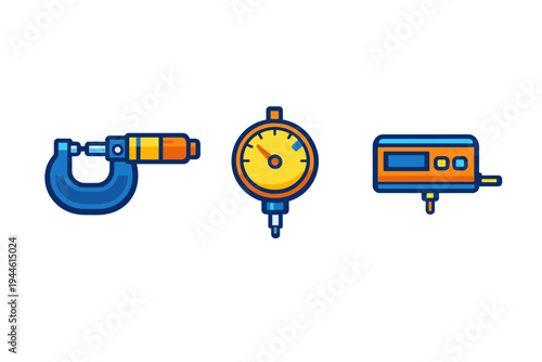 A set of three stylized vector icons representing precision measurement tools including a micrometer, a dial indicator, and a digital gauge on a dark background.