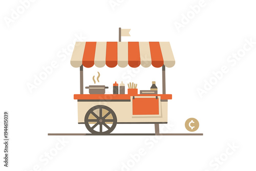 This minimalist vector graphic depicts a street food stall with a striped canopy, a cooking pot, and various condiments, set against a dark backdrop with a coin icon.