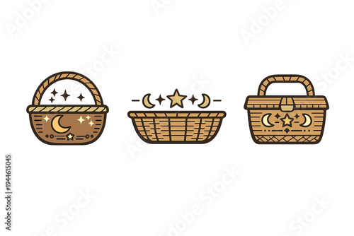 Three stylized brown baskets featuring celestial motifs like crescent moons and stars are arranged horizontally against a solid black background in a flat vector illustration style.
