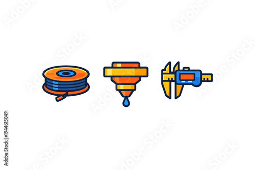 A set of three colorful vector icons for 3D printing and manufacturing, featuring a plastic filament spool, a printer nozzle, and a digital caliper on a dark background.
