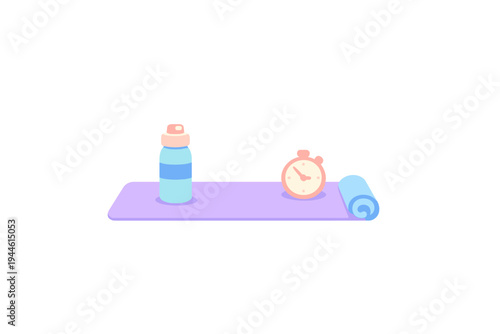 A flat illustration of a purple yoga mat with a blue water bottle, a pink stopwatch, and a rolled-up blue towel on a black background. Perfect for fitness and wellness concepts.