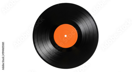 Black vinyl record isolated PNG, vintage music disc with orange label on transparent background for audio and entertainment