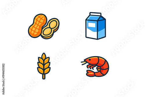 A set of four colorful vector icons representing common food allergens including peanuts, a milk carton, a wheat stalk, and a shrimp, isolated on a dark background.