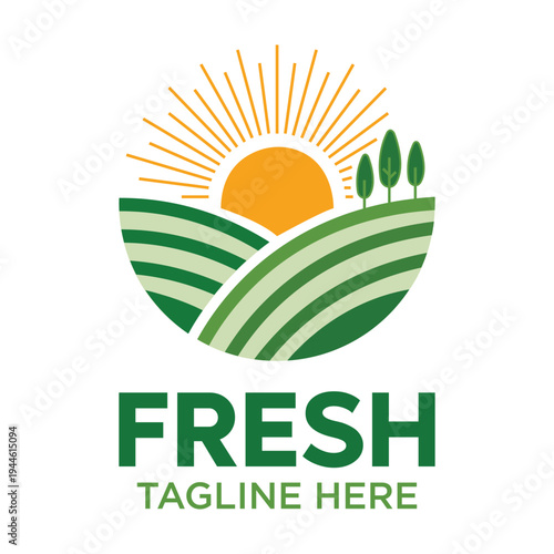 Vibrant Organic Farm Sunrise Logo Concept Fresh Produce Agriculture Greenery Growth Natural Organic Food Business Branding Rural Landscape Healthy Living