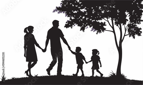 Family Walking Together Under a Tree Silhouette — Parents and Children Holding Hands in Park