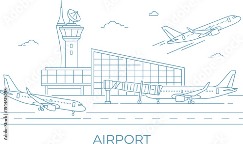 Blue line art illustration of airport terminal building featuring commercial passenger airplanes taking off and control tower station