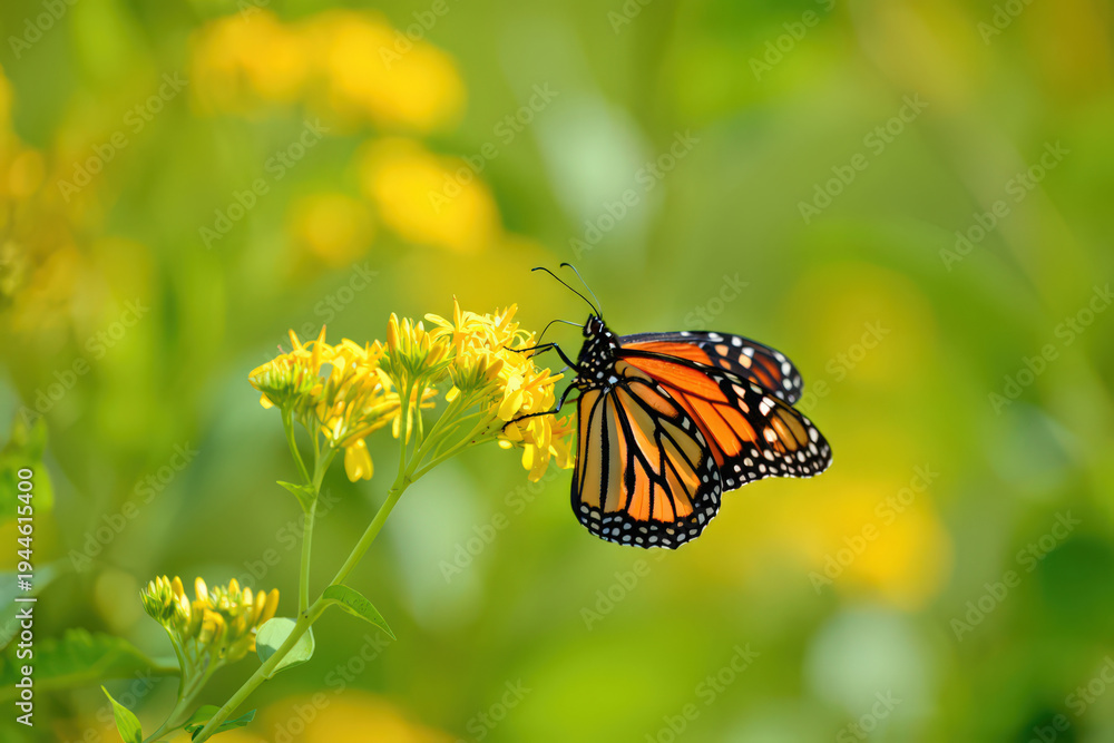 Fototapeta premium Monarch's Embrace A Butterfly's Gentle Touch on Goldenrod Flowers Capturing the Essence of Pollination and the Interconnectedness of Life in a Sunny Meadow