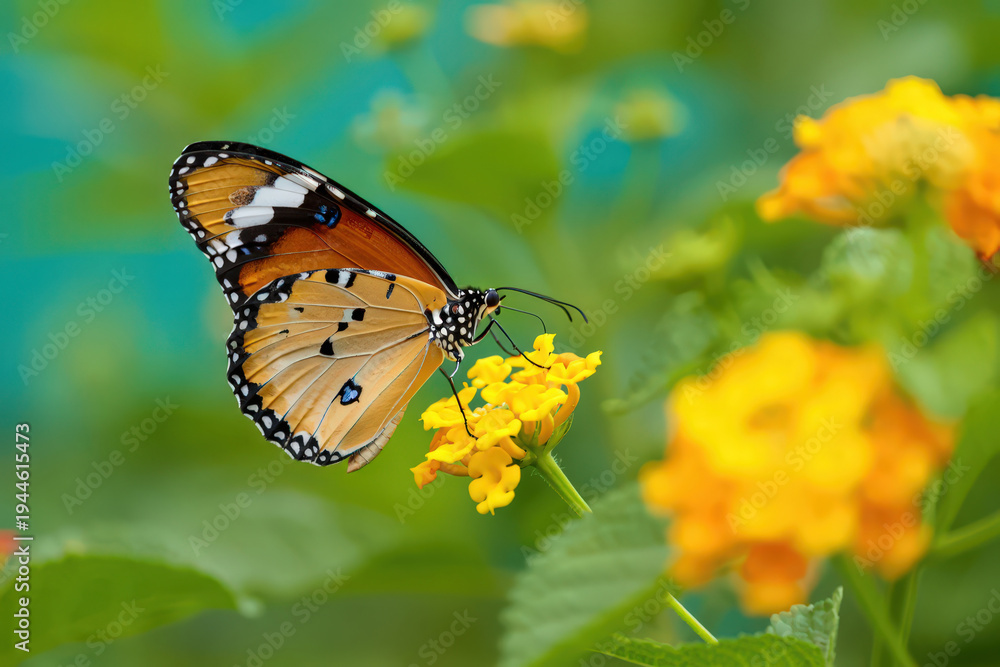 Obraz premium Monarch's Golden Moment A Butterfly's Embrace on Lantana Blossoms in a Sunlit Garden A Symphony of Colors and Delicate Wings Amidst Verdant Foliage