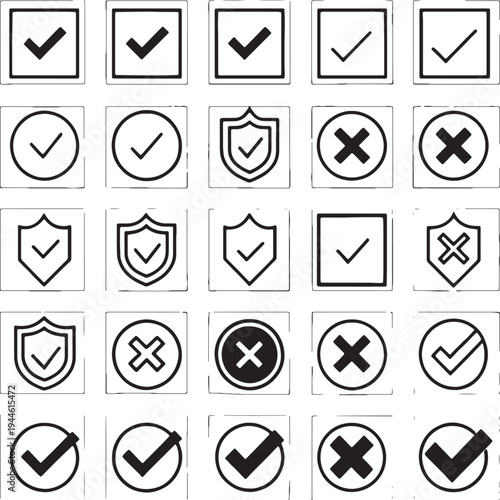 Check Mark and Cross UI Icons Set – Approval, Verification and Validation Vector Collection