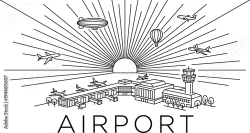 Airport terminal thin line art illustration with commercial airplanes blimp and hot air balloon under rising sun rays