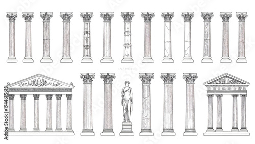 Classical Greek and Roman Column Capitals and Temple Icons – Ancient Architecture Vector Set