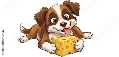 Cute dog holding a cheese vector illustration, flat design graphic