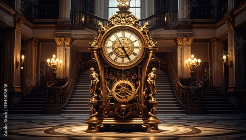 An Elaborate Gilded Clock with Intricate Gears and Figures in a Grand Staircase Hall