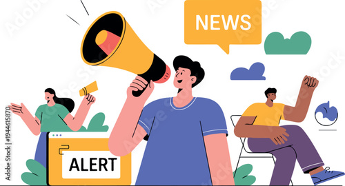 People spreading important information with megaphones and alert banners while sharing news through media hub