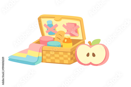 A colorful cartoon illustration of an open picnic basket filled with bread and bottles, accompanied by a striped blanket and a large sliced apple on a plain background.
