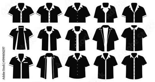 Casual Short Sleeve Shirt Silhouette Set Cuban Collar Men Apparel VectorCasual Short Sleeve Shirt Silhouette Set Cuban Collar Men Apparel Vector