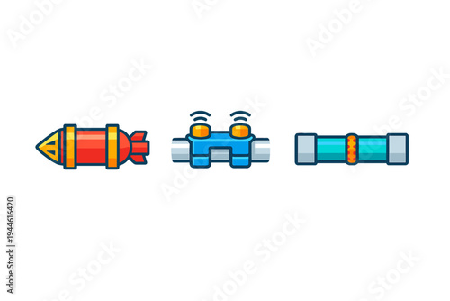 Three stylized industrial icons featuring a red rocket-shaped component, a blue sensor device clamped on a pipe, and a cyan pipe section with a glowing orange joint on a black background.